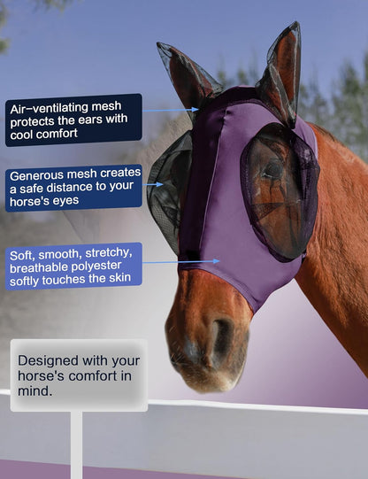 Horse Fly Mask with Ears, UV Protection for Horses, Elasticity with Big Mesh Eye Covers, Snug