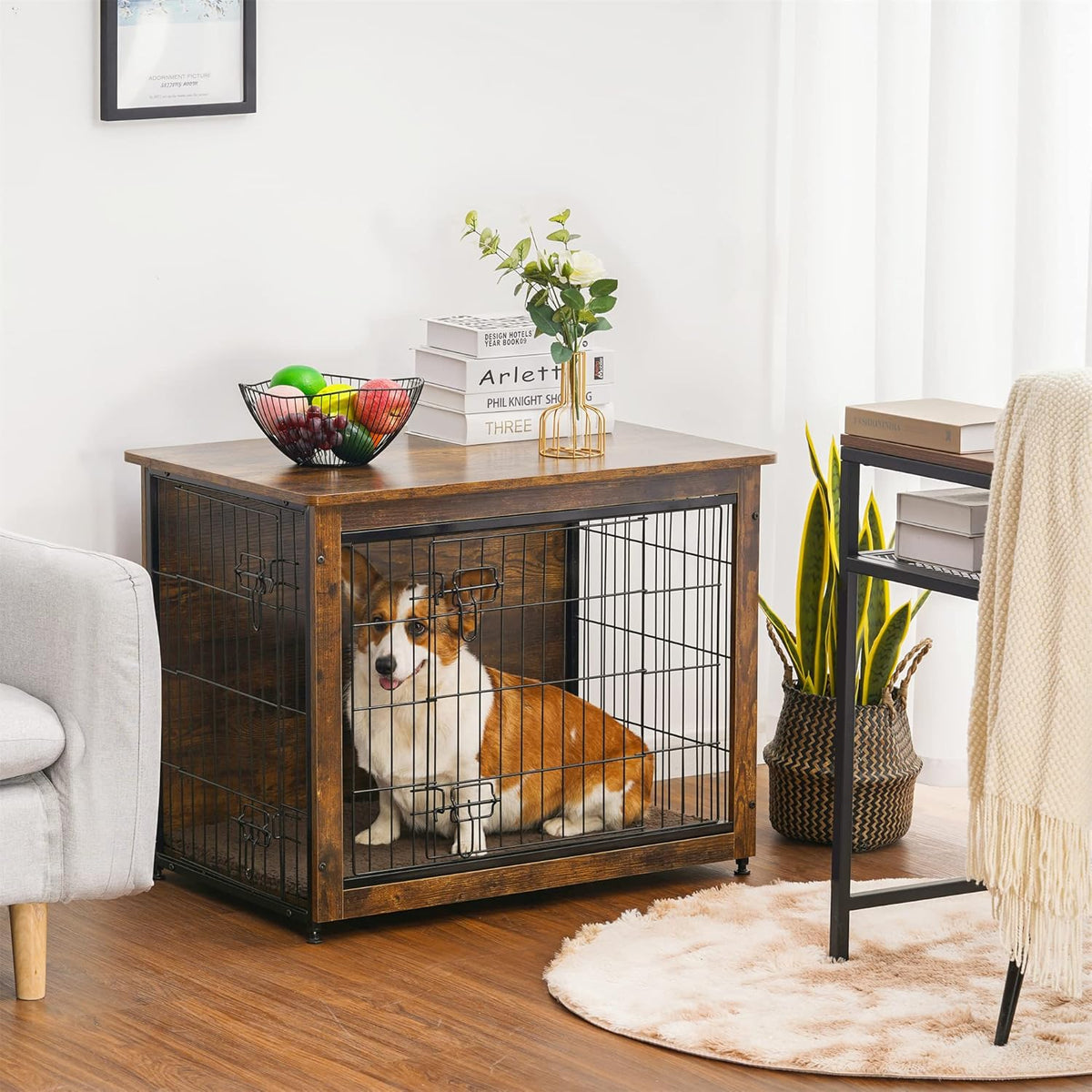 DWANTON Dog Crate Furniture with Cushion, Wooden Kennel Table with Double Doors, Indoor Dog House