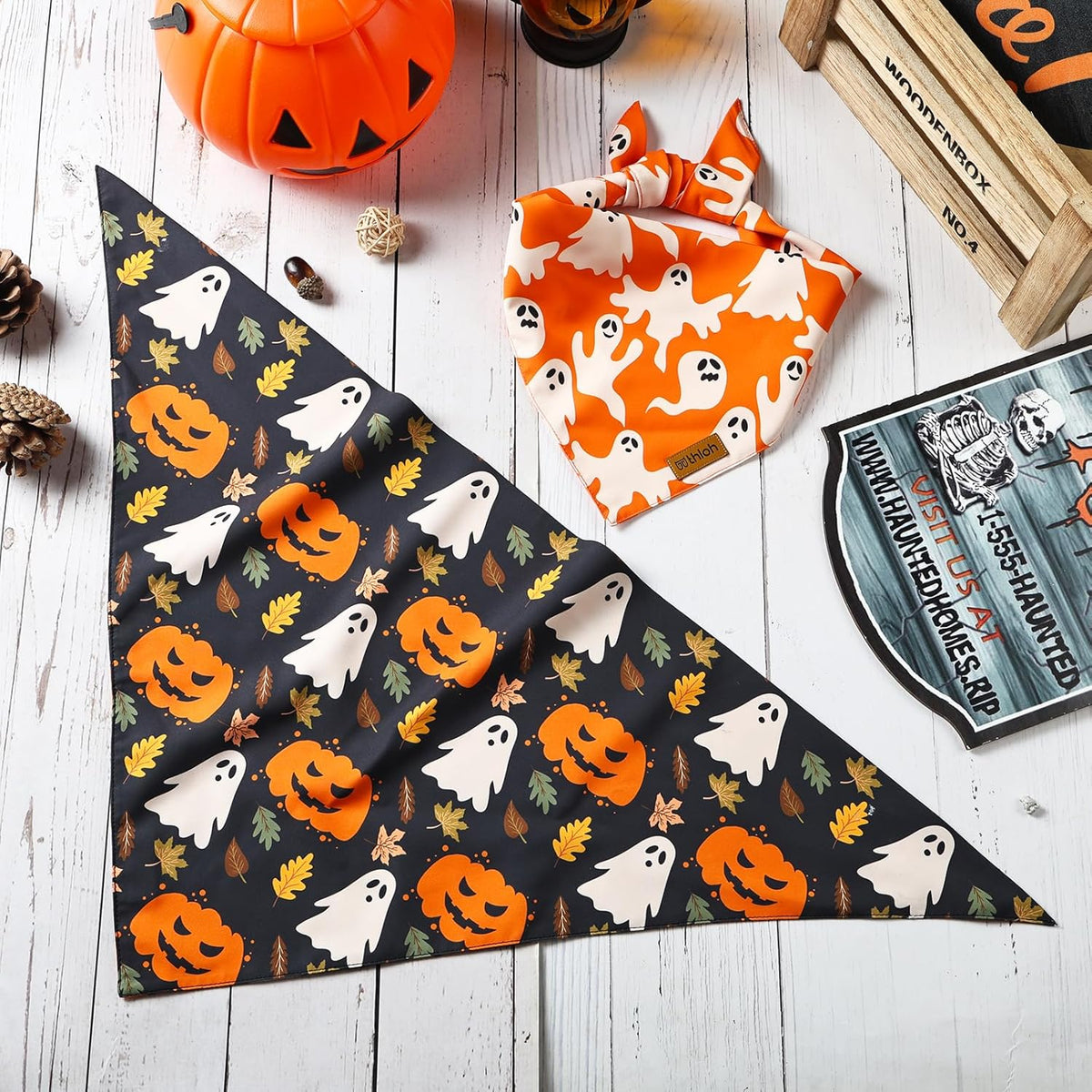 Halloween Dog Bandanas - 2 Pack Fall Dog Bibs | Reversible Pumpkin and Ghost Pet Scarf for Boys and