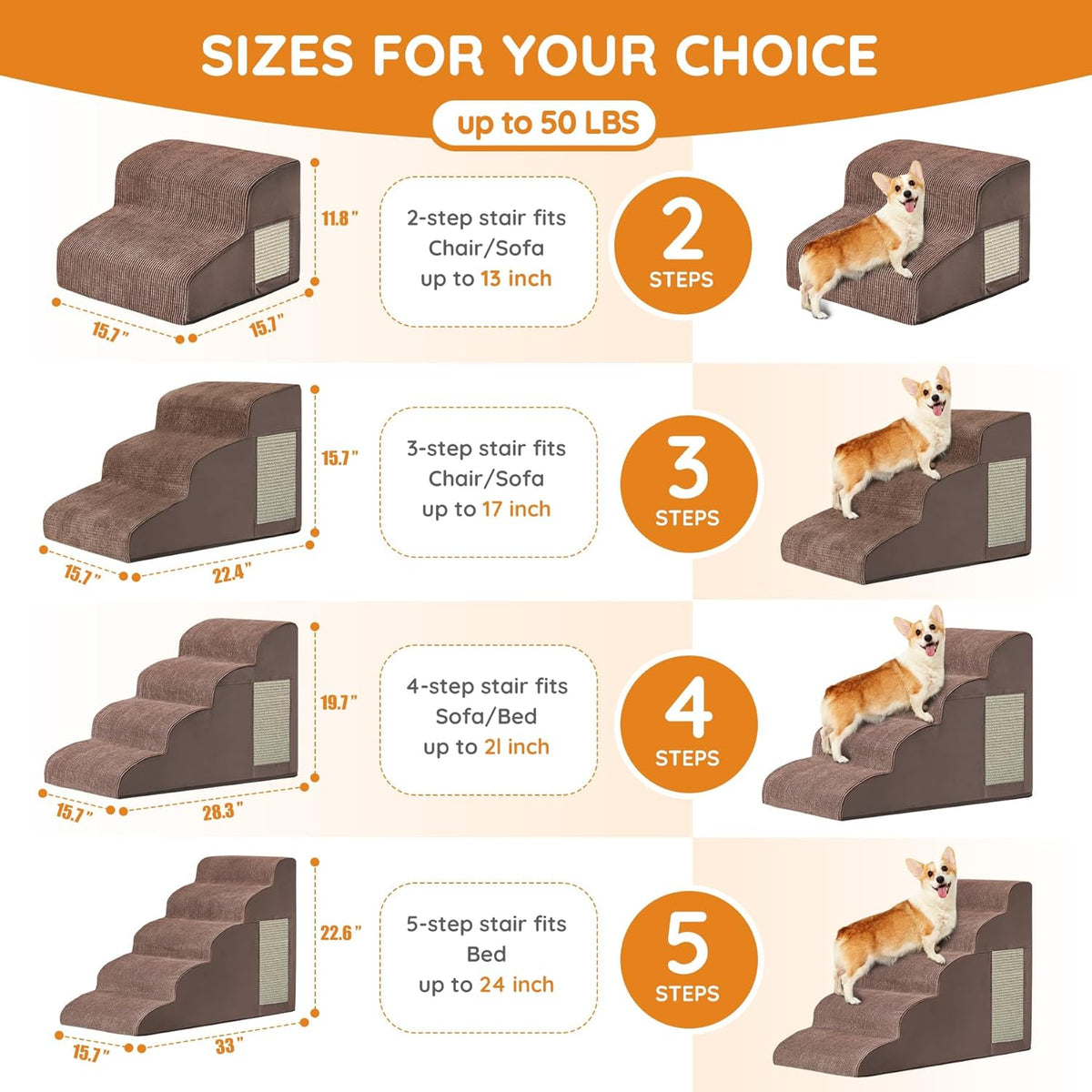 Pet Stairs, Dog Stairs for Small Dogs, Dogs Steps, 5-Step Curved Dog Ramp for Bed, Couch, Sofa, Car