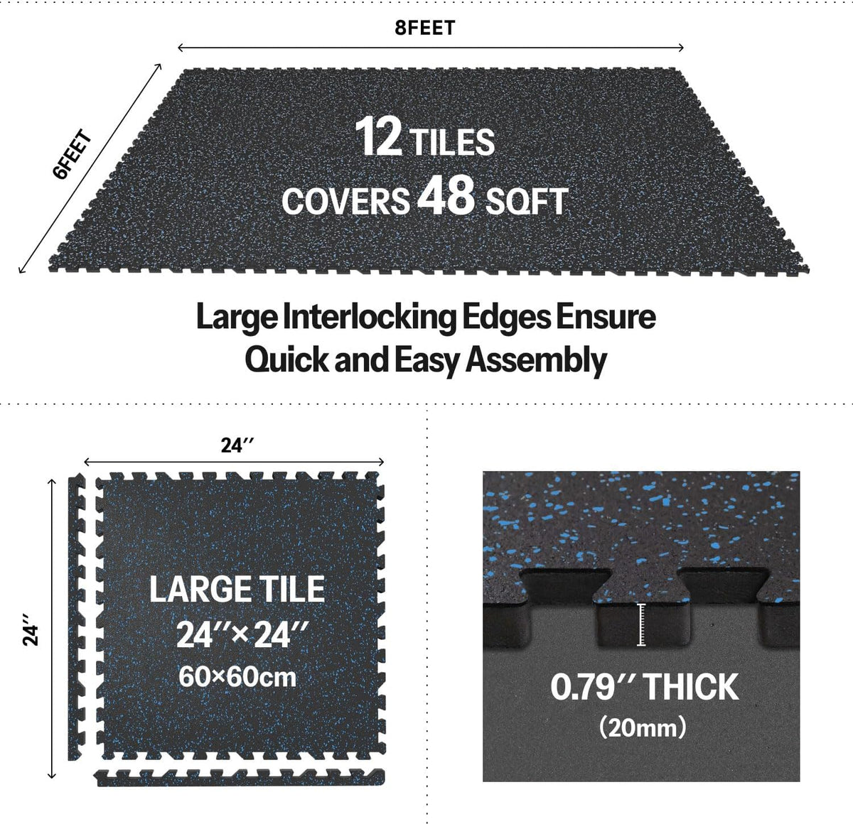 AIRHOP 0.79in Thick 48 Sq Ft Exercise Equipment Mats, 12 Tiles Upgraded Rubber Top with High