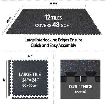 AIRHOP 0.79in Thick 48 Sq Ft Exercise Equipment Mats, 12 Tiles Upgraded Rubber Top with High
