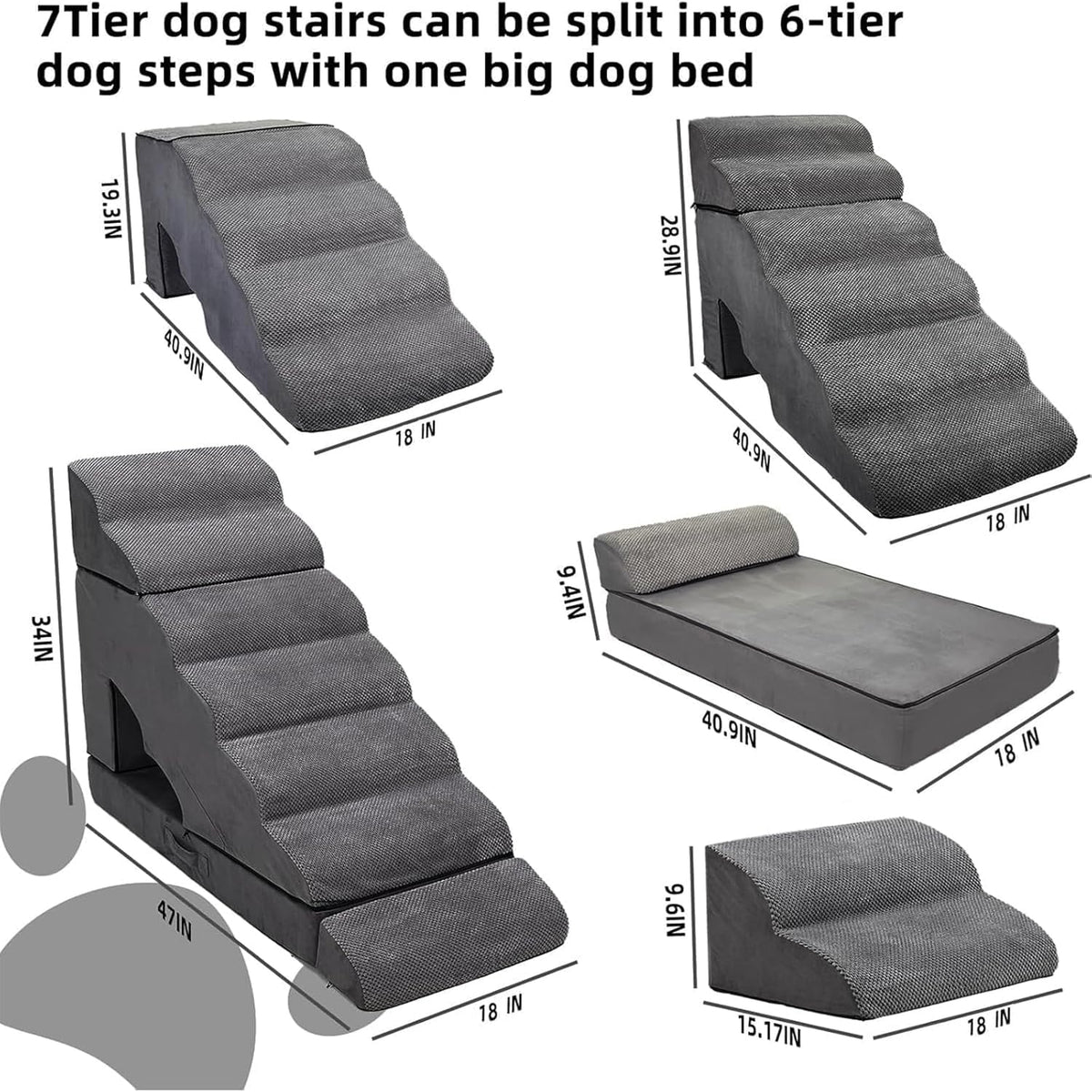 Foam Dog Stairs & Steps Ramps for High Beds 30-36 inches High Tall Large Dogs, LitaiL 7 Step Pet