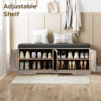 2-Tier Storage Bench, Shoe Bench with Thickened Padded Seat Cushion, Entryway Bench with 4 Doors