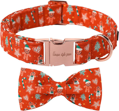 Unique Style Paws Christmas Day Dog Collar with Bow Red Gingerbred Cotton Puppy Collars for Small