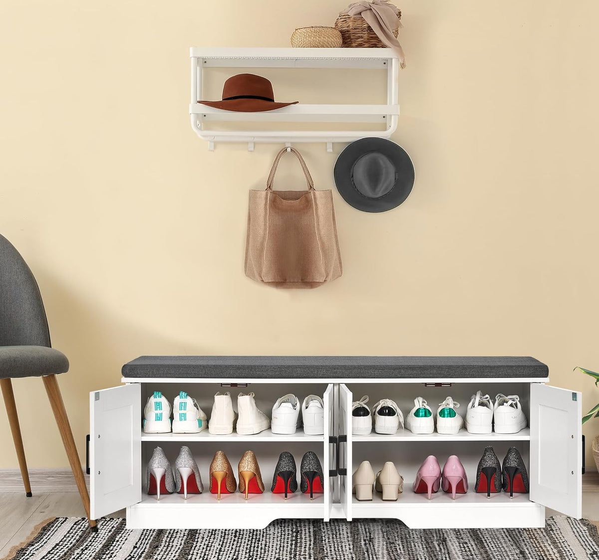 2-Tier Storage Bench, Shoe Bench with Padded Seat Cushion, Entryway Bench with 4 Barn Doors