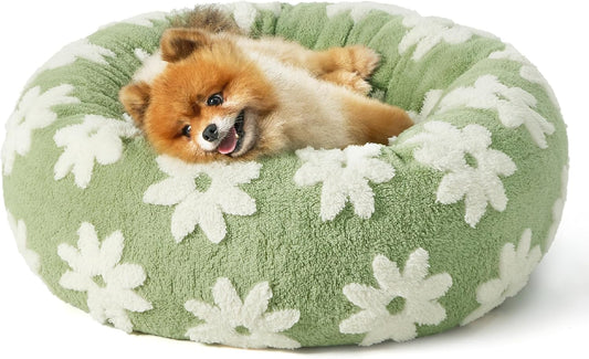 LE SURE Small Dog and Cat Bed - Round Calming Beds, Cute Modern Design with Jacquard Shaggy Plush