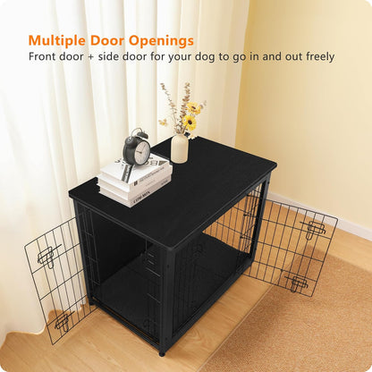 DWANTON Dog Crate Furniture with Cushion, Wooden Kennel Table with Double Doors, Indoor Dog House