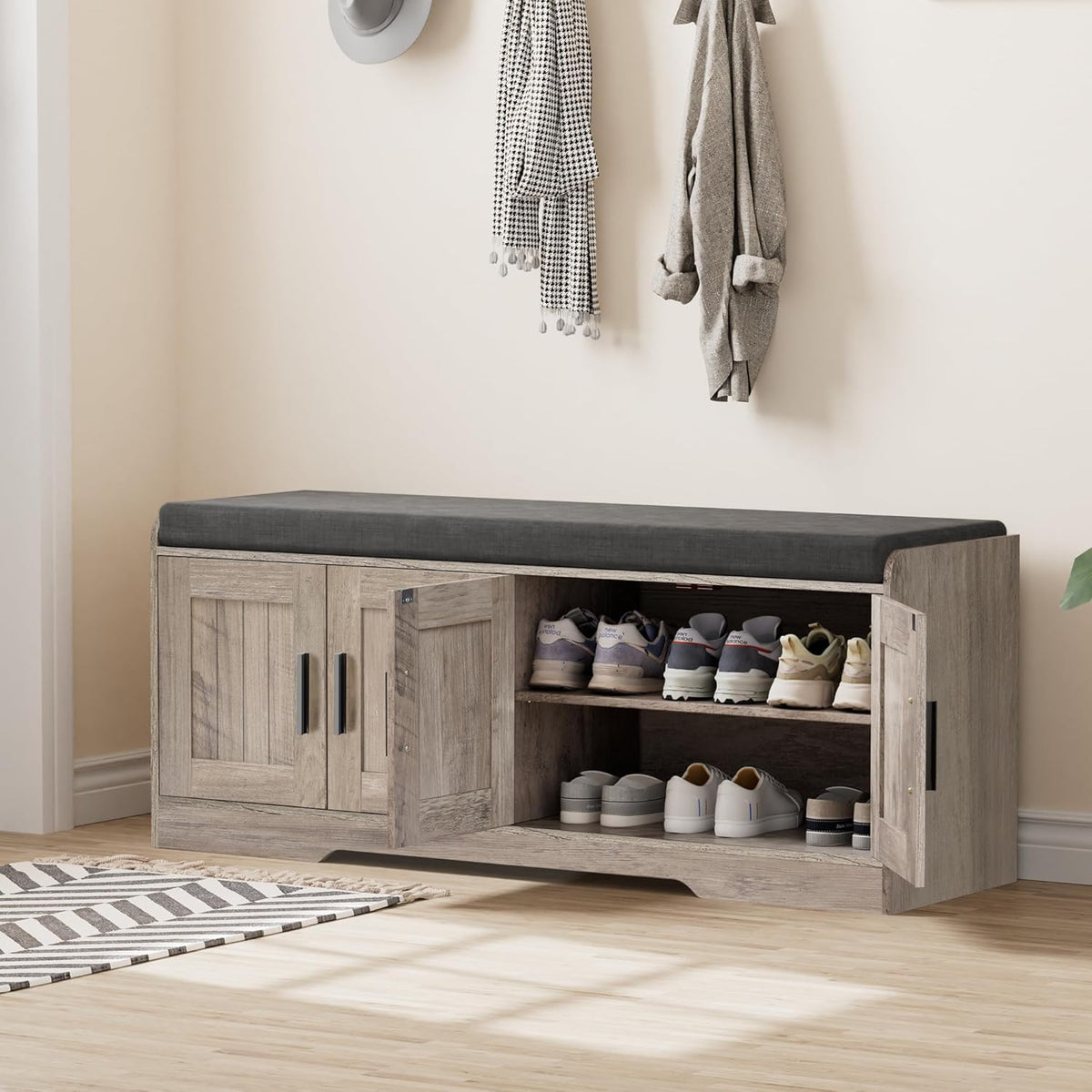 2-Tier Storage Bench, Shoe Bench with Thickened Padded Seat Cushion, Entryway Bench with 4 Doors