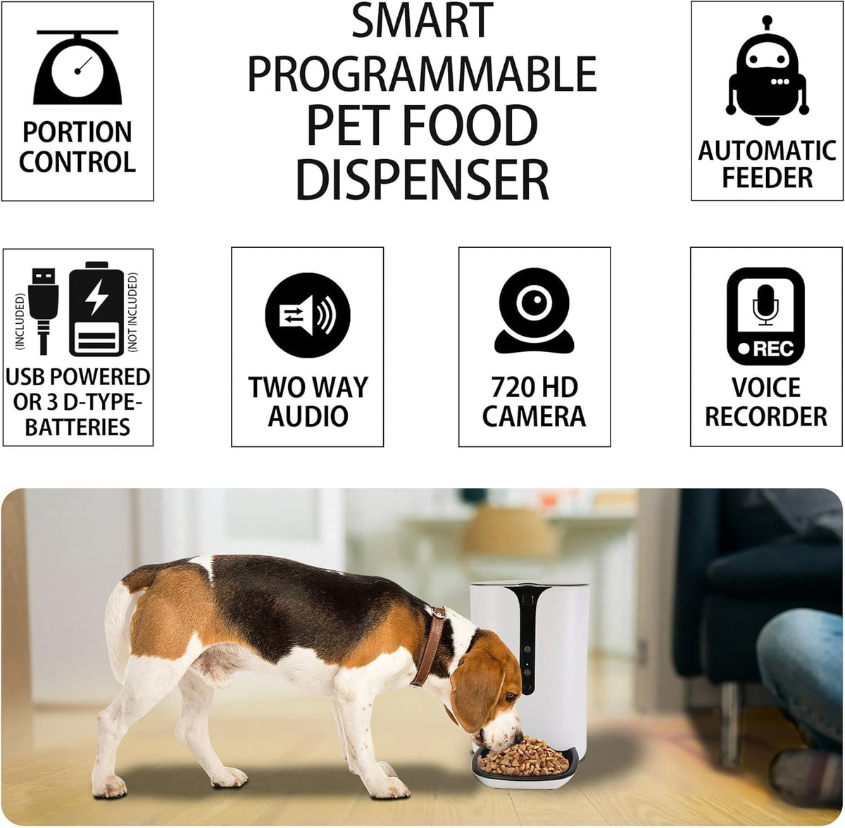 Lentek Smart Pet Feeder - Auto Dry Feeding Dispenser for Cat & Dogs with 720p HD Camera & Timer