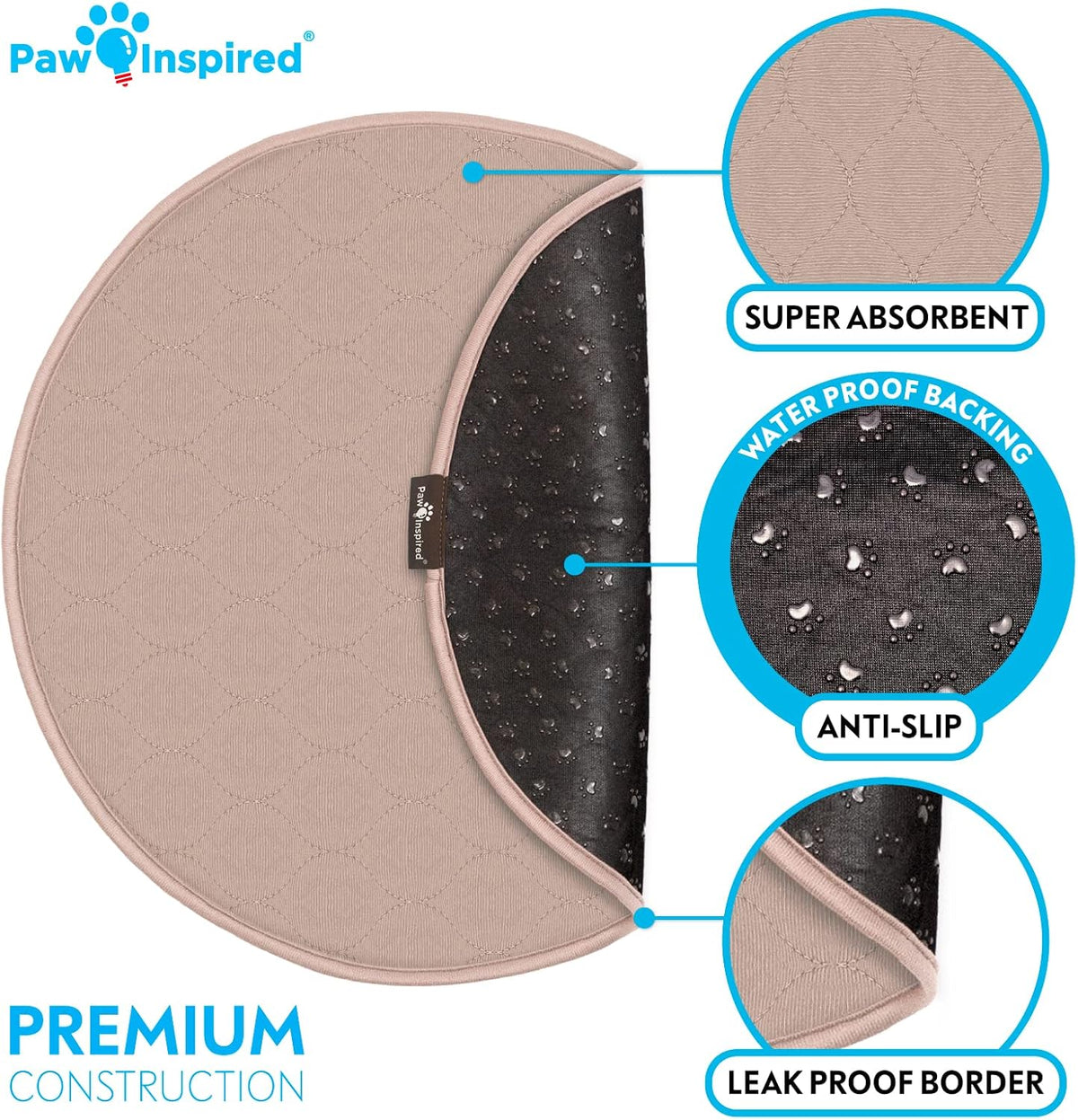 Paw Inspired Round Washable Pee Pads for Dogs (2 Pack), Reusable Puppy Pads, Waterproof Whelping