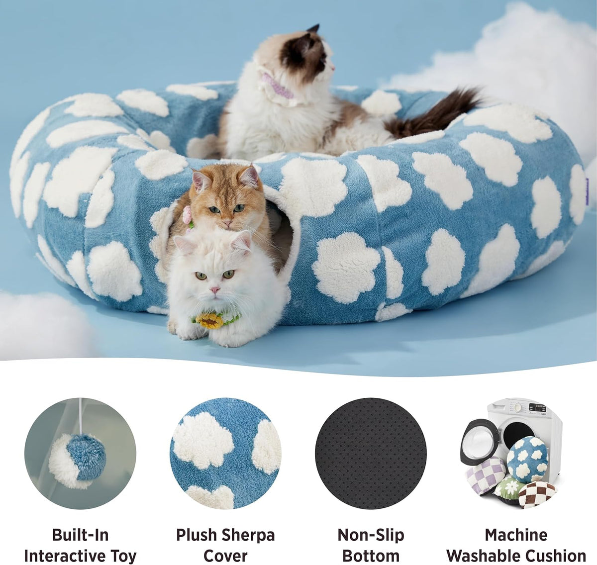 Lesure Large Cat Tunnel Bed - Cute Donut Bed for Indoor Cats with Washable Circle Cushion, Round
