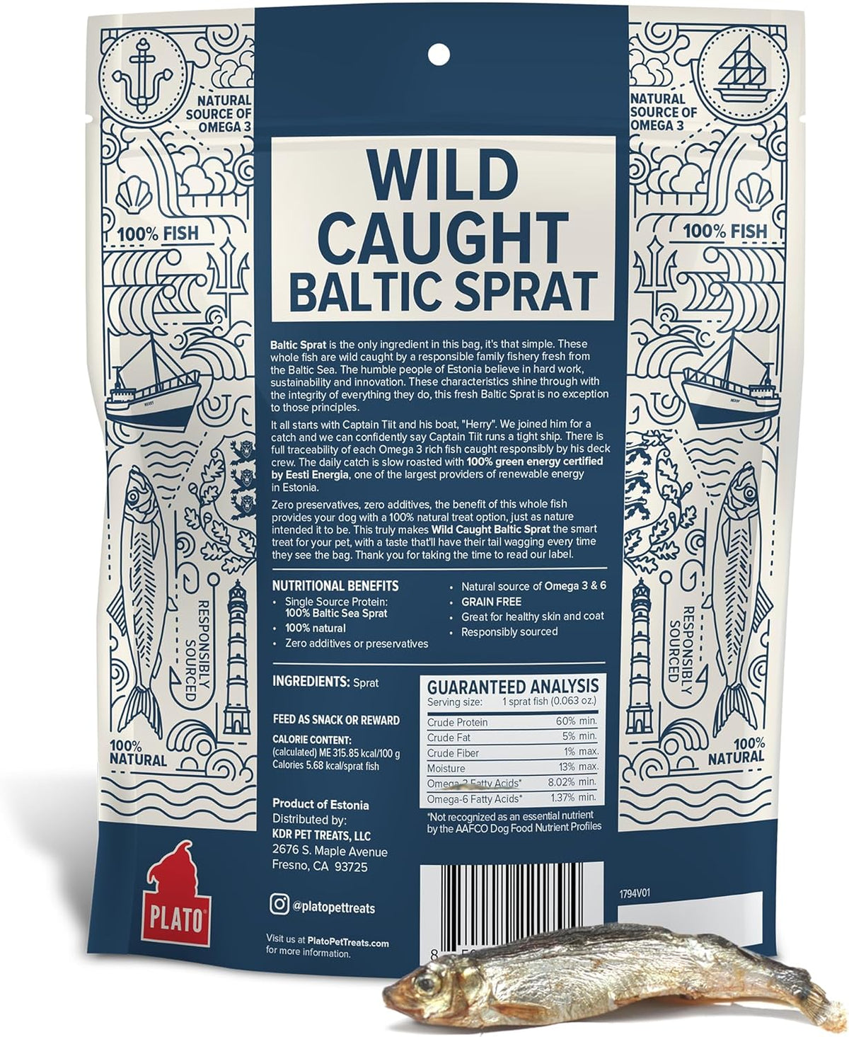 PLATO Pet Treats Fish Dog Treats - Air-Dried, Single Ingredient Dog Treat - with Omega 3 & 6 Fatty