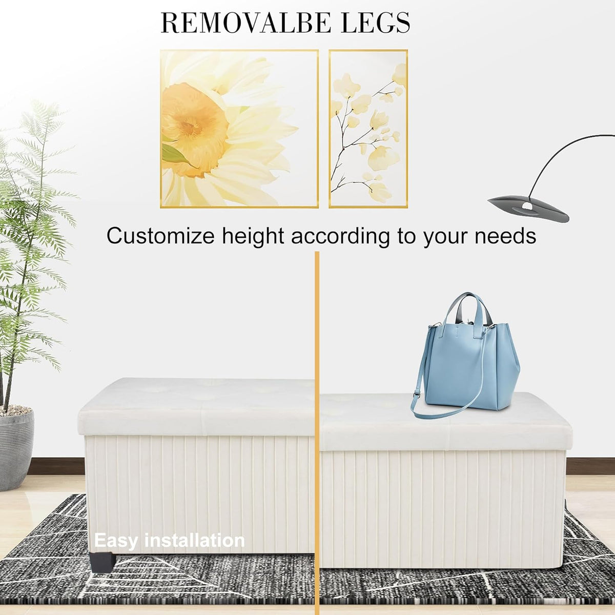 Storage Ottoman Bench, 43 Inch Foldable Ottoman with Legs, Velvet Foot Rest Stool, End of Bed