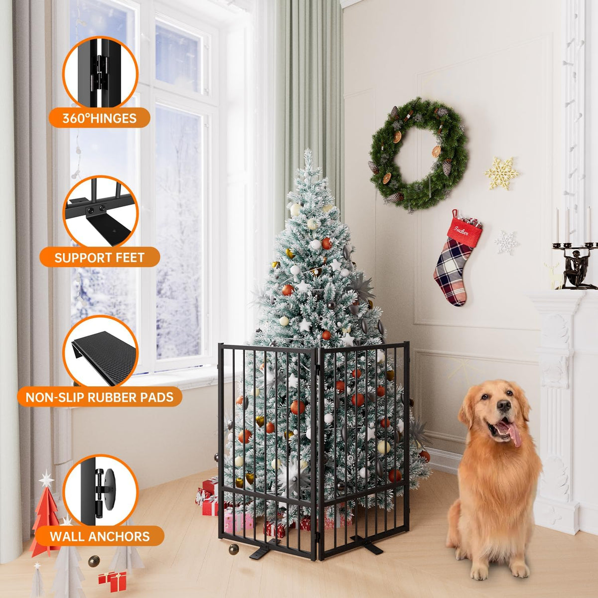 Full Metal Freestanding Dog Gate with Door, 36''Height Foldable Pet Dog Fence for Indoor & Outdoor