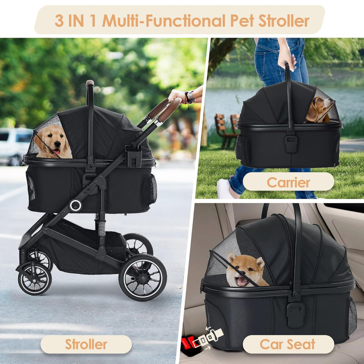 Pet Stroller with 4 Wheels, 3 IN 1 Folding Puppy Strollers for Small/Medium Dogs Cats up to 50lbs