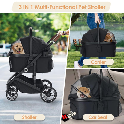 Pet Stroller with 4 Wheels, 3 IN 1 Folding Puppy Strollers for Small/Medium Dogs Cats up to 50lbs