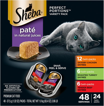 Sheba Perfect Portions Wet Cat Food Pate Savory Chicken Entree, Roasted Turkey Entree, and Tender