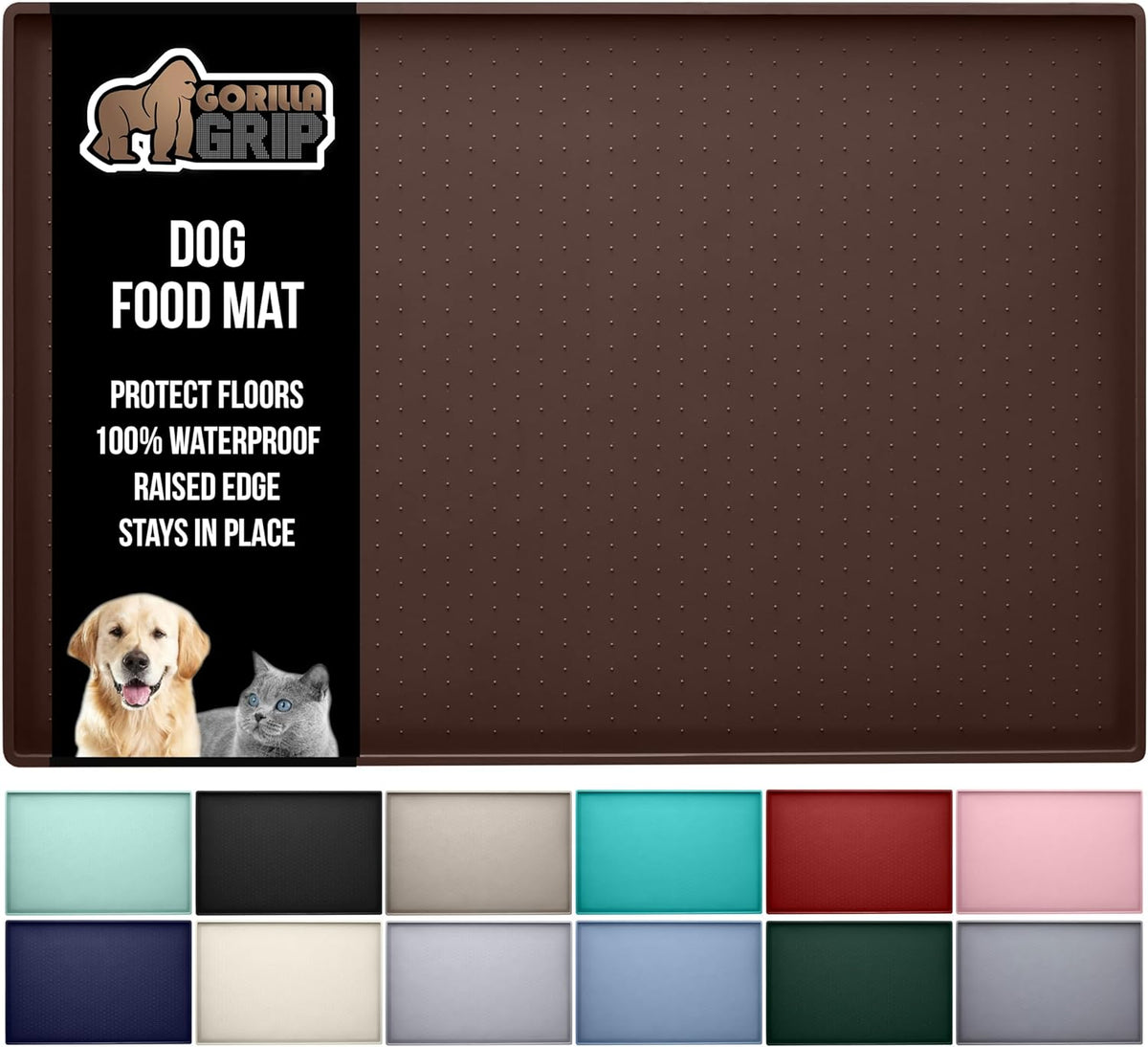 GORILLA GRIP 100% Waterproof Raised Edge BPA Free Silicone Pet Feeding Mat, Dog Cat Food Mats