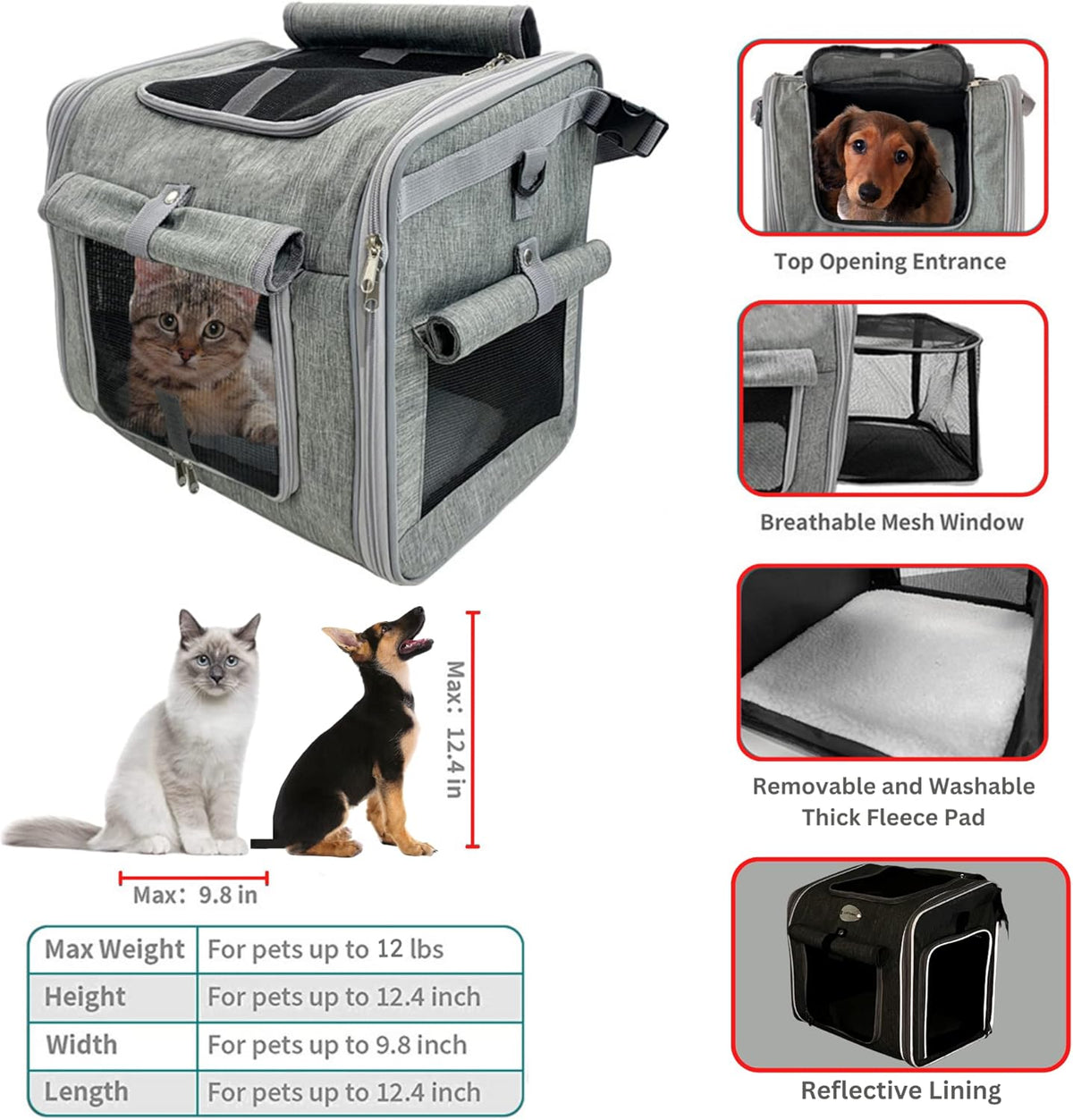 Dog Bike Basket, Expandable Soft-Sided Reflective Pet Carrier Backpack with 4 Open Doors, 4 Mesh