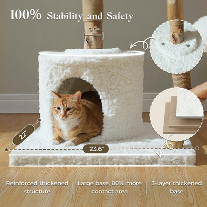 59" Modern Cat Tree Tower for Large Cats w/2 Flower Perches-Natural Solid Wood Scratching Post with