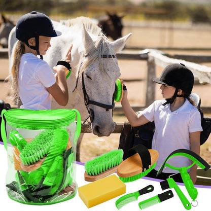 9 Pieces Horse Grooming Kit Tack Room Supplies Set with Organizer Tote Bag, Oval Massage Curry