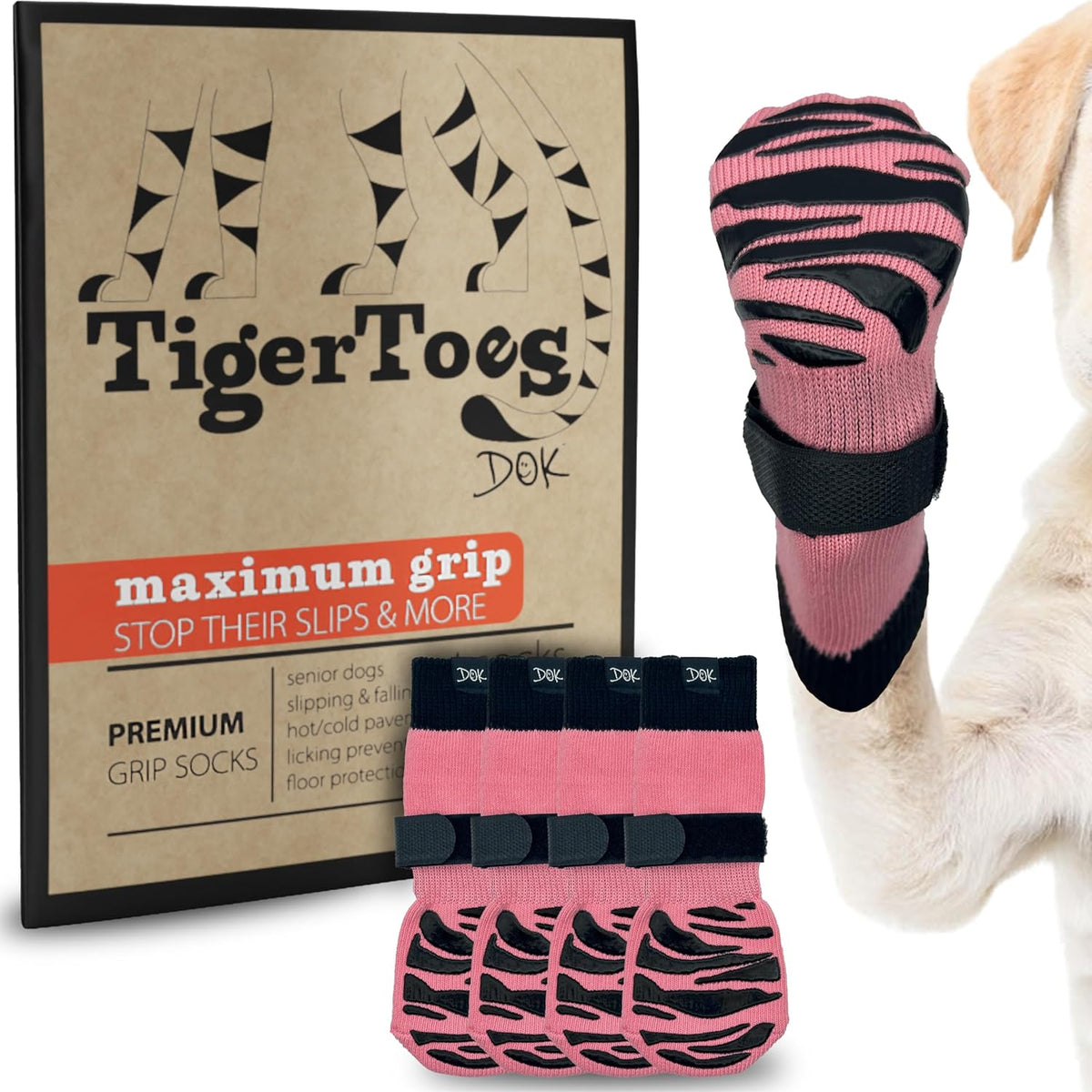 DOK TigerToes Premium Non-Slip Dog Socks for Hardwood Floors - Extra-Thick Grip That Works Even