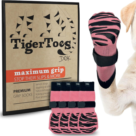 DOK TigerToes Premium Non-Slip Dog Socks for Hardwood Floors - Extra-Thick Grip That Works Even