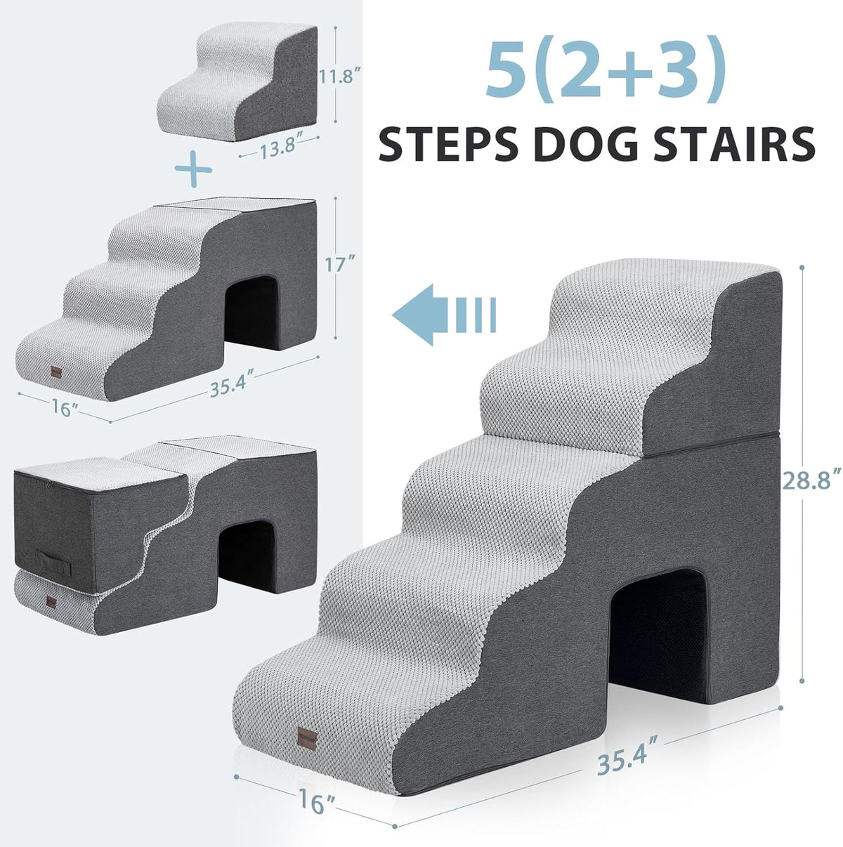 Dog Stairs for High Beds with Tunnel, 5-Step Dog Steps for Small Dogs and Cats, Foldable Pet Stairs