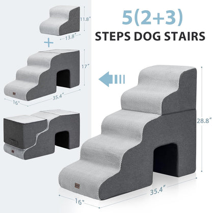 Dog Stairs for High Beds with Tunnel, 5-Step Dog Steps for Small Dogs and Cats, Foldable Pet Stairs