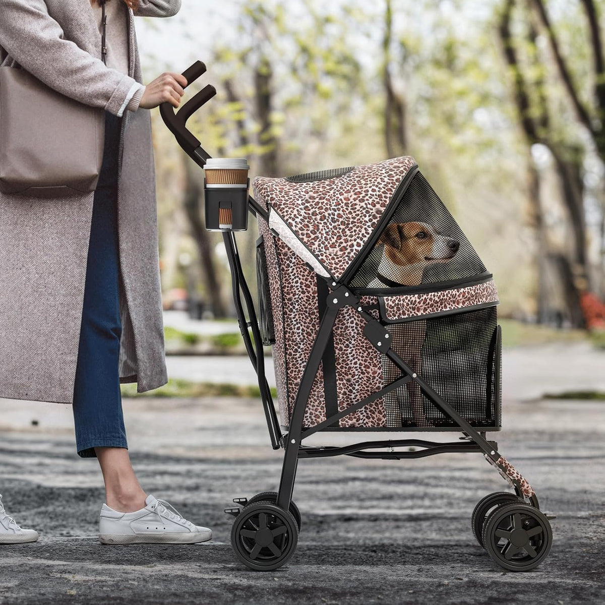 MoNiBloom 4 Wheels Pet Stroller, Easy-Fold Umbrella Shaped Dog Cat Jogger Stroller w/Storage Bag &