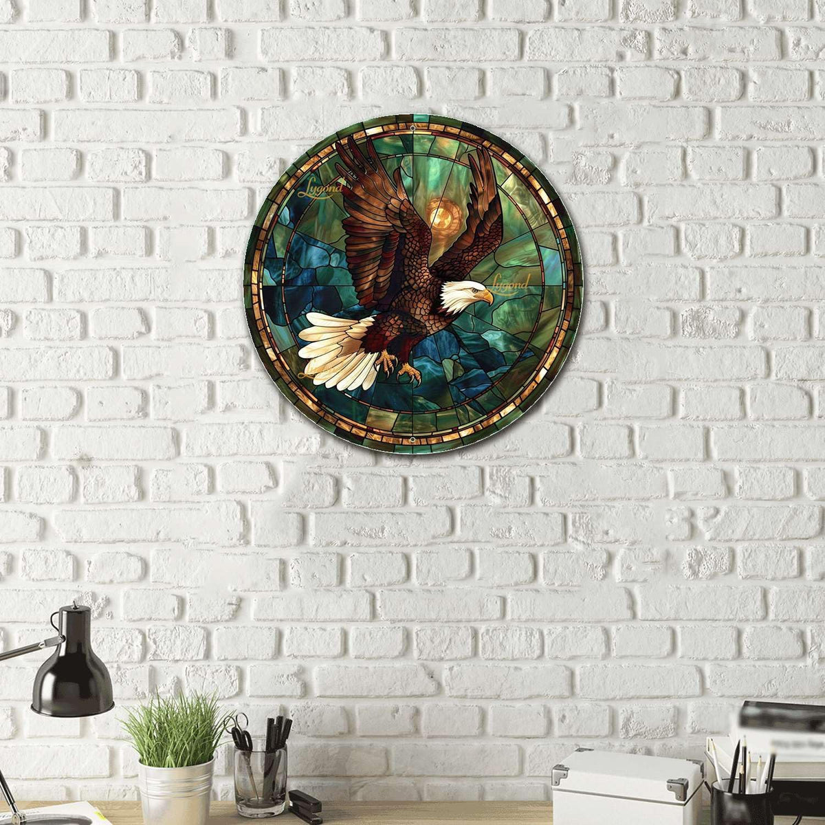 Lygond Metal Sign Tin Sign Circular Stained Glass American Bald Eagle Bathroom Signs for Home for