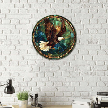 Lygond Metal Sign Tin Sign Circular Stained Glass American Bald Eagle Garden Sign for Restaurant