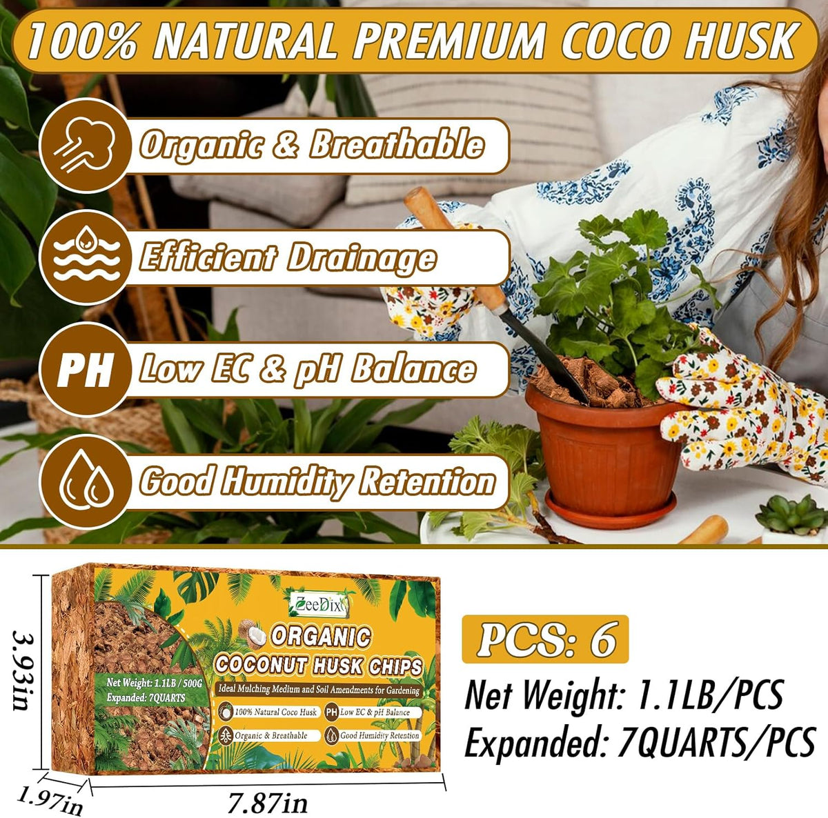 Zeedix 6 Pack Coco Husk Chips for Plants(6.6LB), 100% Organic Coconut Chips Mulch with Low EC & PH