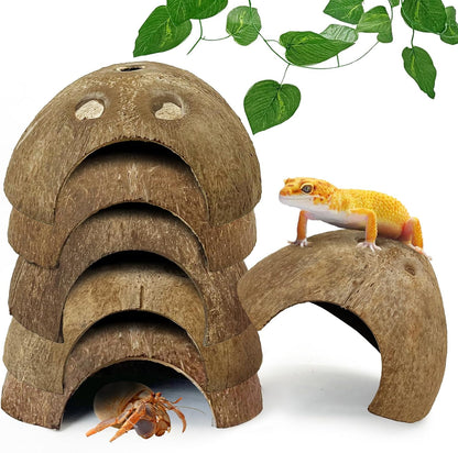 Hamiledyi 7 Pcs Reptile Hideouts Natural Coconut Shells Hut Leopard Gecko Tank Accessories for