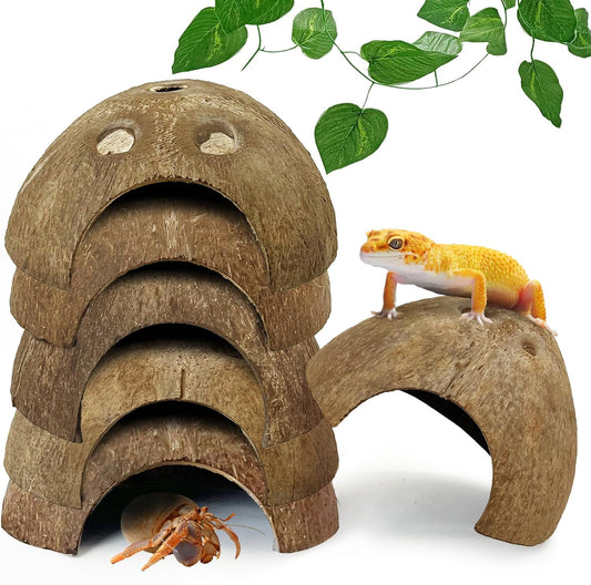 Hamiledyi 7 Pcs Reptile Hideouts Natural Coconut Shells Hut Leopard Gecko Tank Accessories for