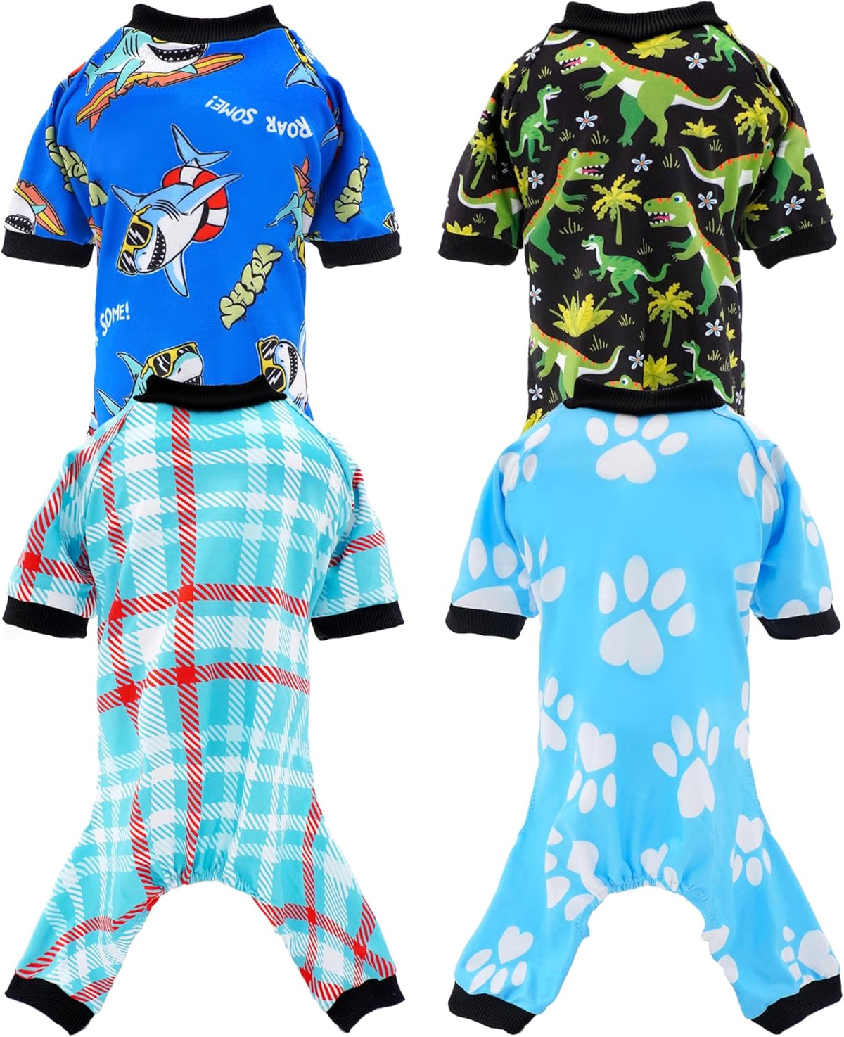 PET SHOW 4 Pack Small Dog Pajamas for Boy Doggies Dinosaur Shark Soft Stretchy PJs Plaid Jumpsuit