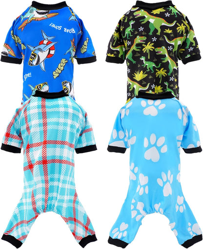 PET SHOW 4 Pack Small Dog Pajamas for Medium Dogs Boy Dinosaur Shark Soft Stretchy PJs Plaid