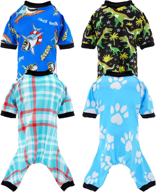 PET SHOW 4 Pack Dog Pajamas Dinosaur Shark for Medium Large Dogs Boy Soft Stretchy PJs Plaid