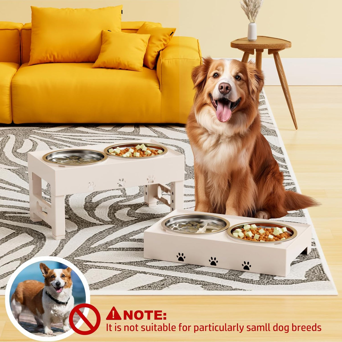 Elevated Dog Bowls with Mat, Raised Dog Food Bowl Stand with 2 Stainless Steel Bowls, 5 Height