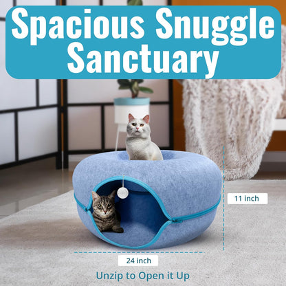 Okoco Cat Tunnel Bed for Indoor Cats Large, 24" Peekaboo Cat Cave Donut Bed for Pets up to 45lbs