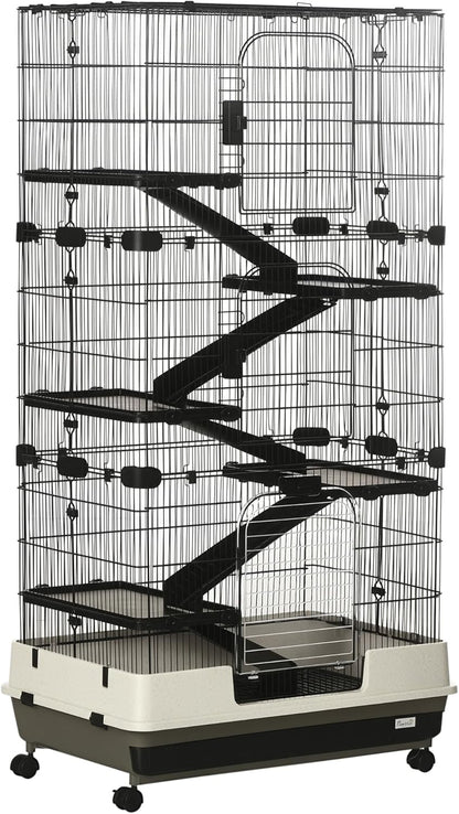 PawHut 59.5" Small Animal Cage with Wheels, 6-Level Portable Bunny Cage, Chinchilla Ferret Cage