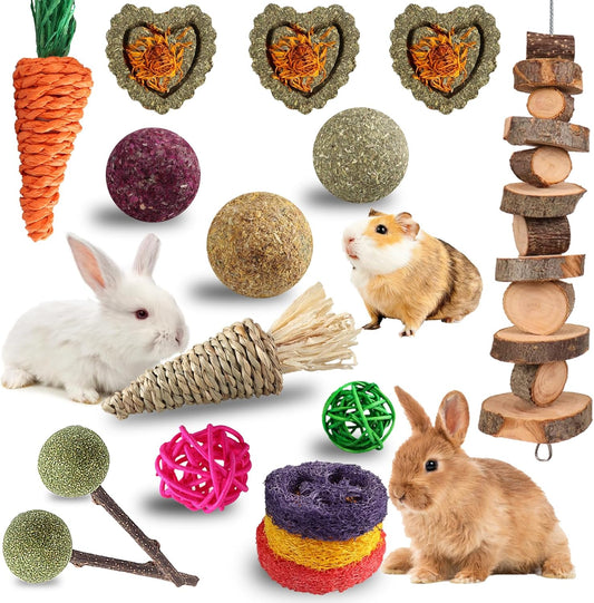 Grddaef 18 PCS Bunny Toys, Rabbit Toys Guinea Pig Toy Natural Apple Wood Grass Timothy Sticks Chew