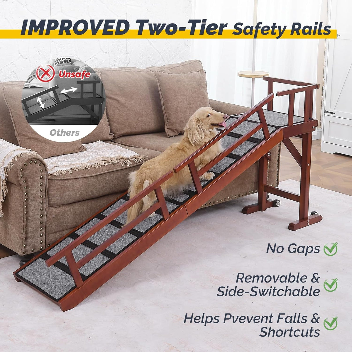 Dog Ramp for Bed or Couch, Wooden Pet Ramp with 20° Gentle Slope, Removable Side Rails, Non-Slip
