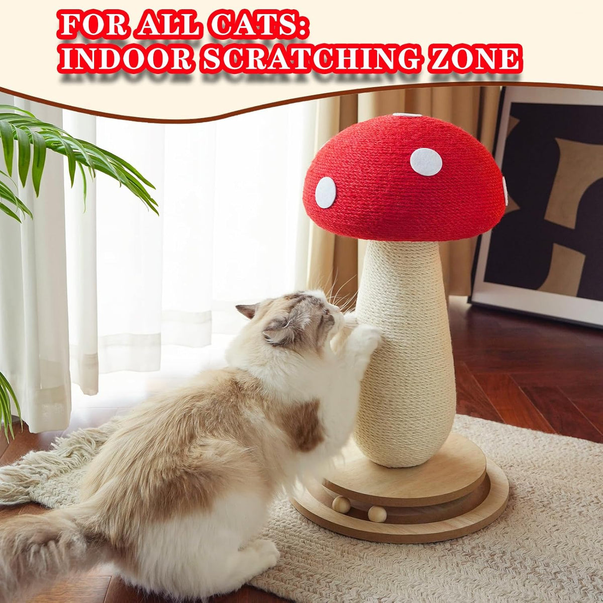 Cat Scratching Post Mushroom Cat Tree with Natural Sisal, Weighted Base & Interactive Ball - for