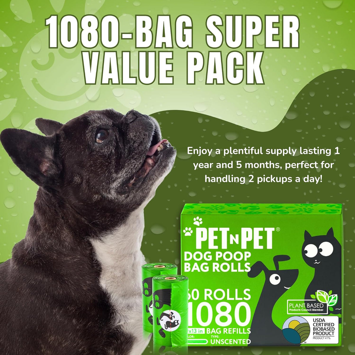 Pet N Pet 1080 Counts Green Poop Bags for Dogs, 41% Plant Based & 59% PE Extra Thick Dog Poop Bags