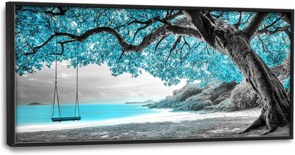 Extra Large Framed Abstract Tree Wall Art,Black and White Tree of Life Wall Decor,Blue Teal Sea