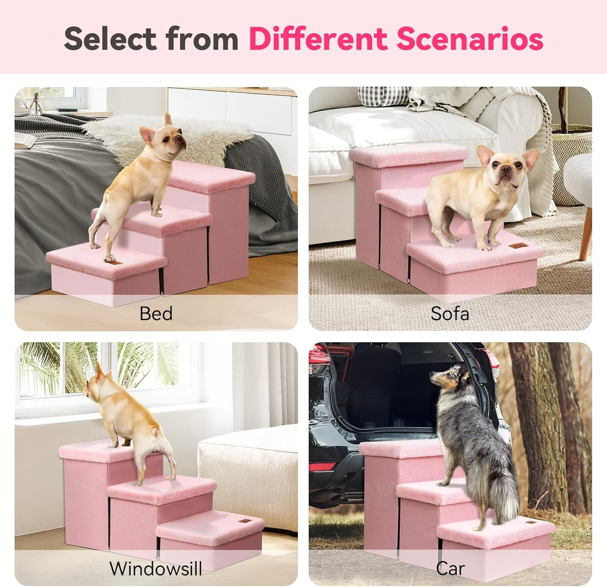 Dog Stairs with Furry Lids 18" H, 3-Step Wider Dog Steps with Storage for Small/Medium/Large Dogs