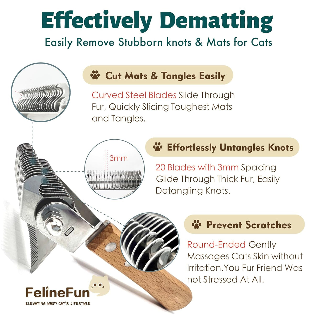 FelineFun Cat Brush for Dematting & Deshedding, 2 in 1 Undercoat Rake, Efficiently Remove Loose