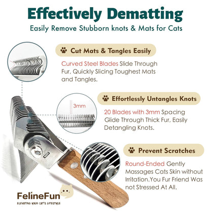 FelineFun Cat Brush for Dematting & Deshedding, 2 in 1 Undercoat Rake, Efficiently Remove Loose